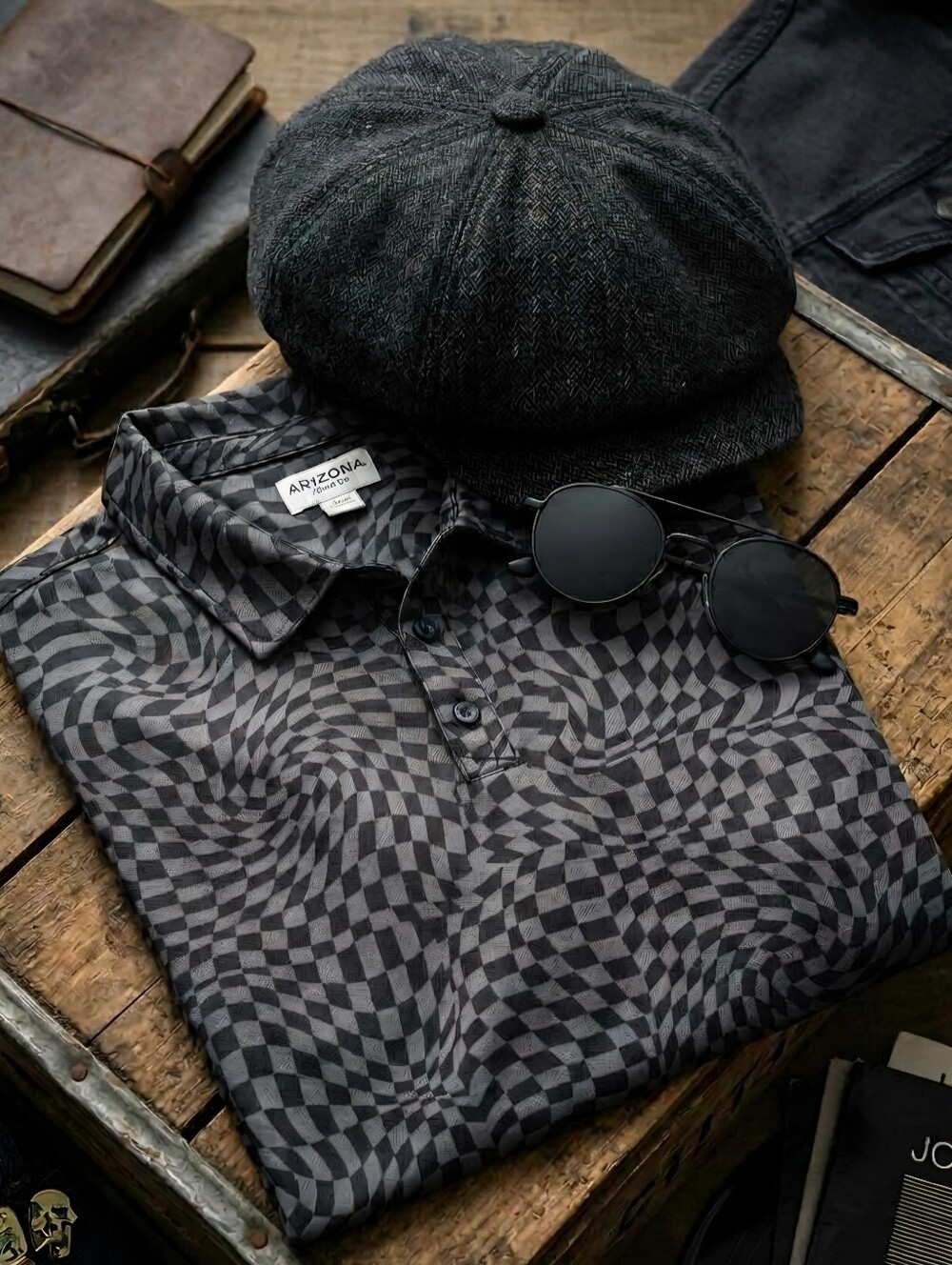 VTG Style Trippy Goth Warped Checkerboard Polo XXL Oversized Y2K Skater Grunge
